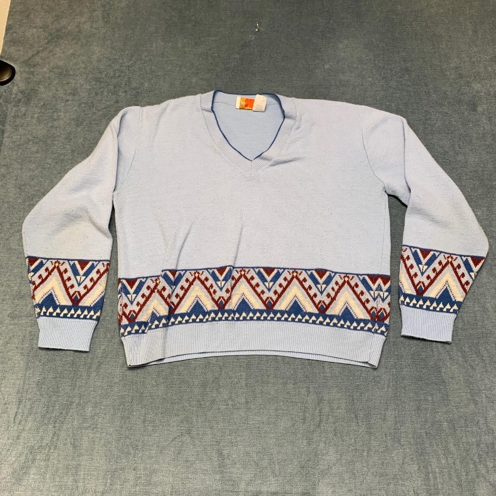 VTG Jantzen Sweater Womens L Sky Blue Aztec USA Made Print V Neck Tight Knit